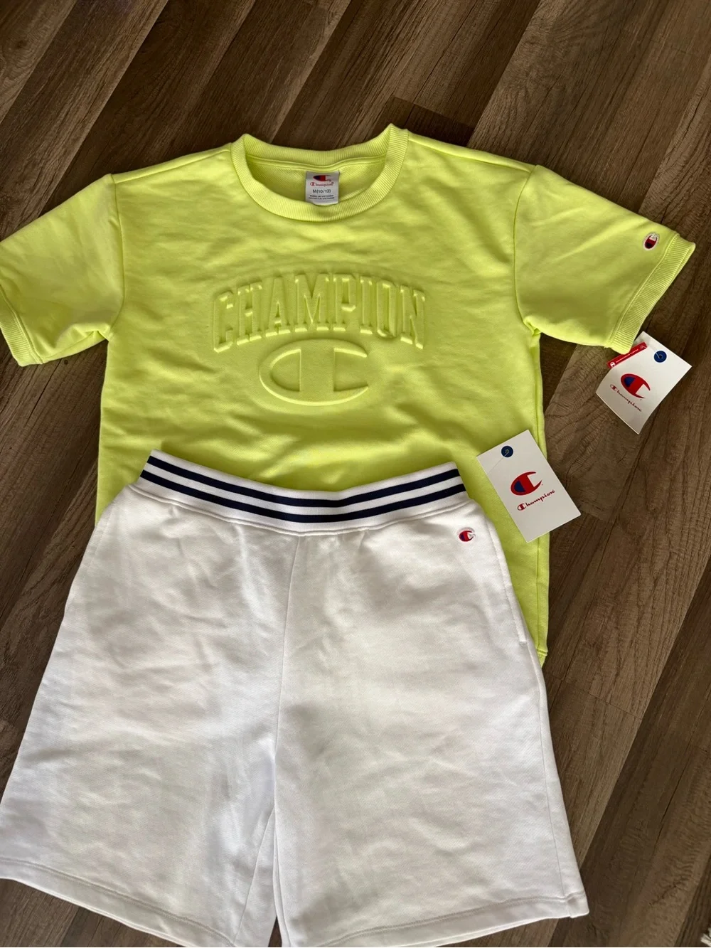 Champion Neon Yellow Embossed Logo Kids Tee and shorts set